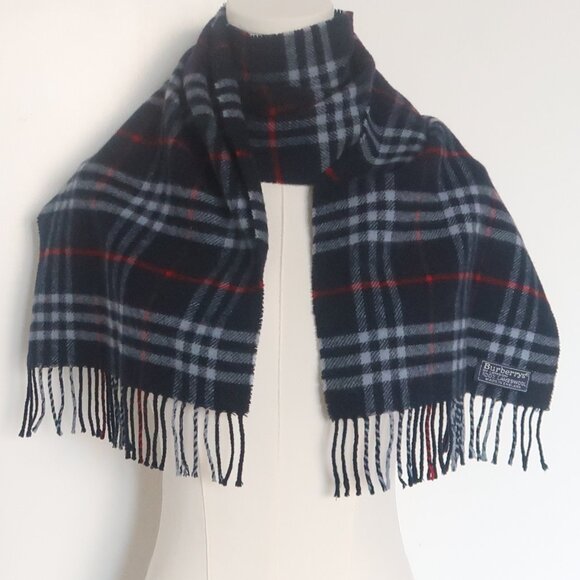Burberrys 100% Lambswool Tartan Plaid Fringe Scarf Navy Red Blue Fall Winter - Picture 7 of 8